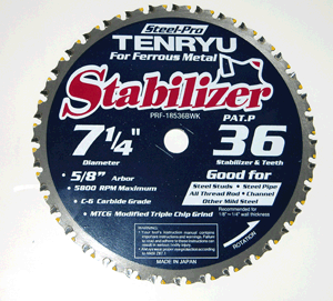 7-1/4" dia. 36 teeth Diamond arbor Tenryu ATB .074" kerf dia. 0 rake Carbide Tipped Saw Blade, 5800